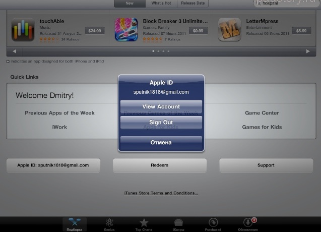 изменить данные аккаунта iTunes на iPad
